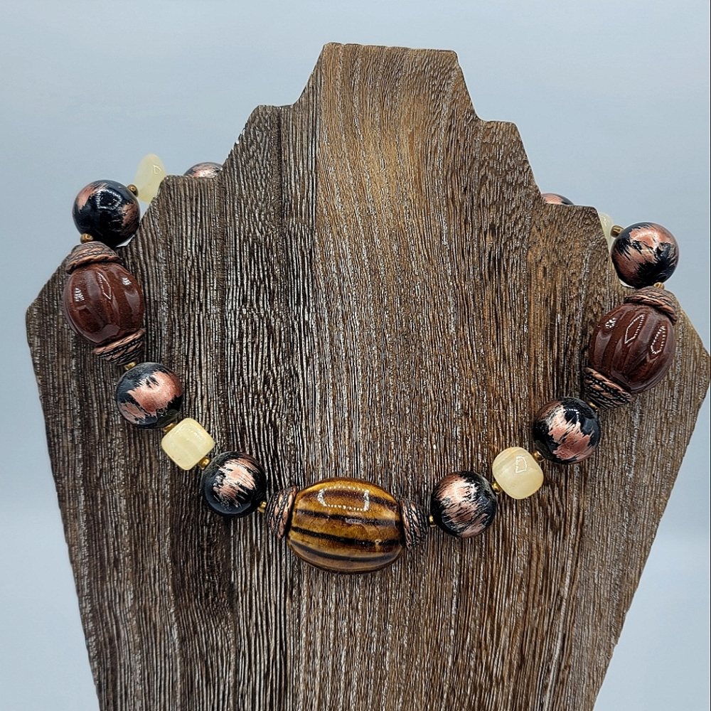 Chunky Ceramic & Glass Bead Necklace Brown Copper Cream Adjustable Statement Vtg